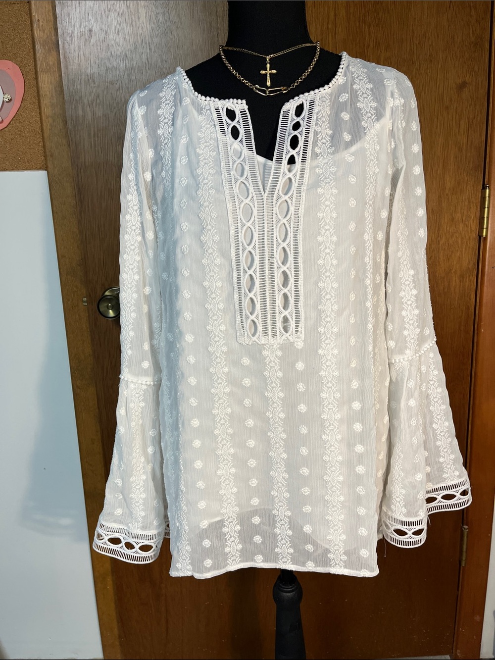 White House Black Market White Crochet-Trim Peasant Tunic
